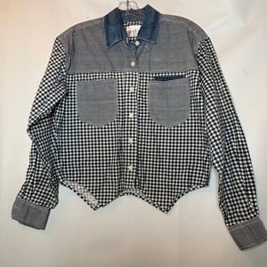 Vtg 80s 90s Women Gingham Denim Patchwork L/S Button Up Crop Shirt Sz M Western